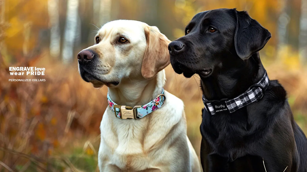 Two dogs wearing our personalized cotton collars with engraved text in a forest setting.