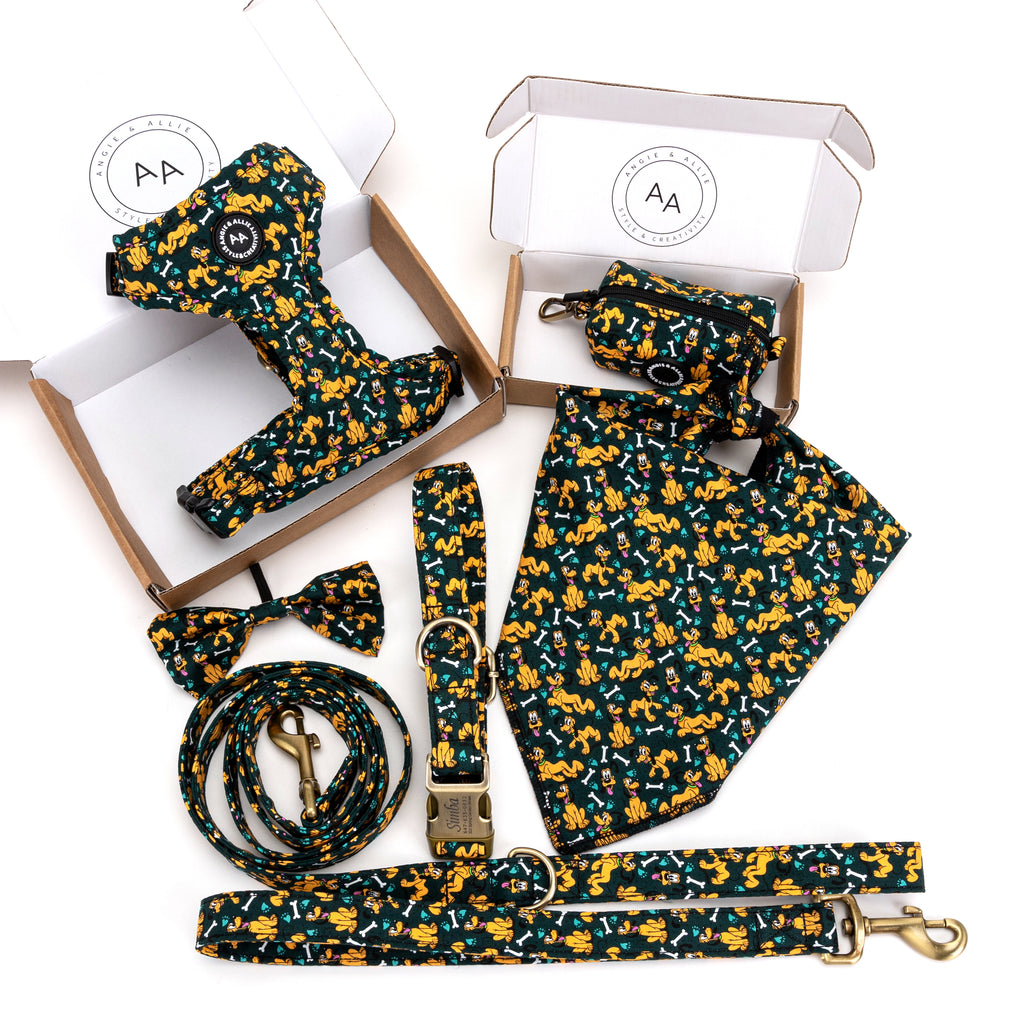 Dog collar, leash, and other accessories with Pluto Dog pattern on a white background.