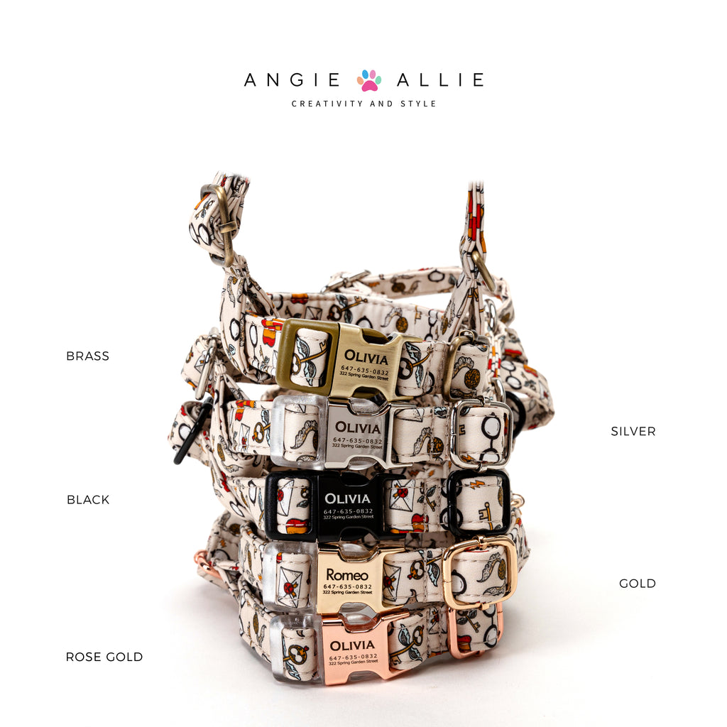 Stack of dog collars with 'Angie Allie' branding on a white background