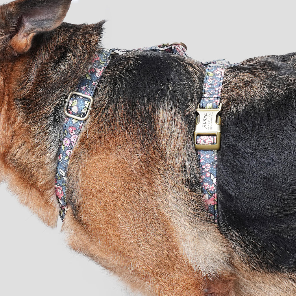 Dog wears 100% Cotton Adjustable No Pull Dog Harness Bouquet Grey  side