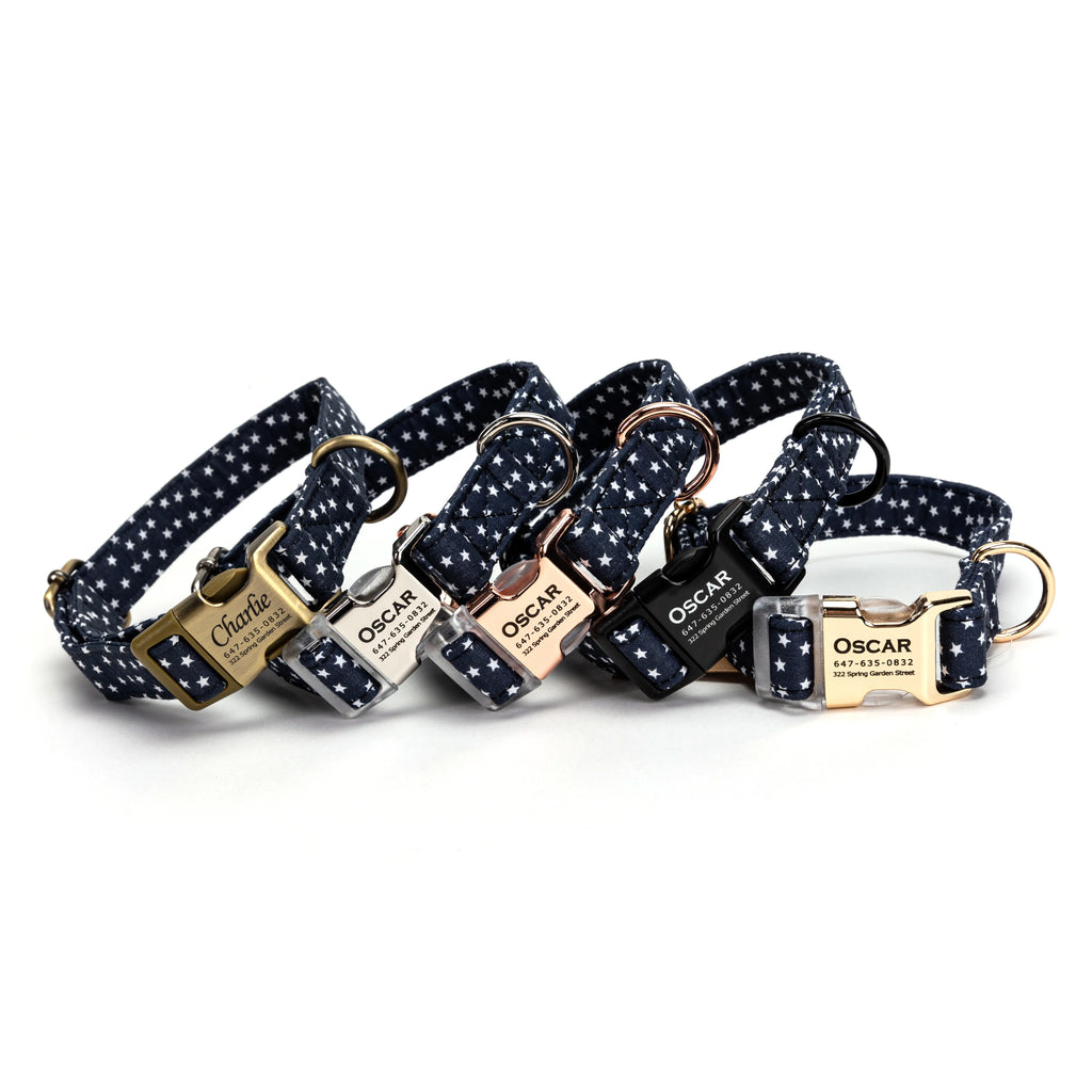 Set of dog collars with name tags and five hardwares on a white background