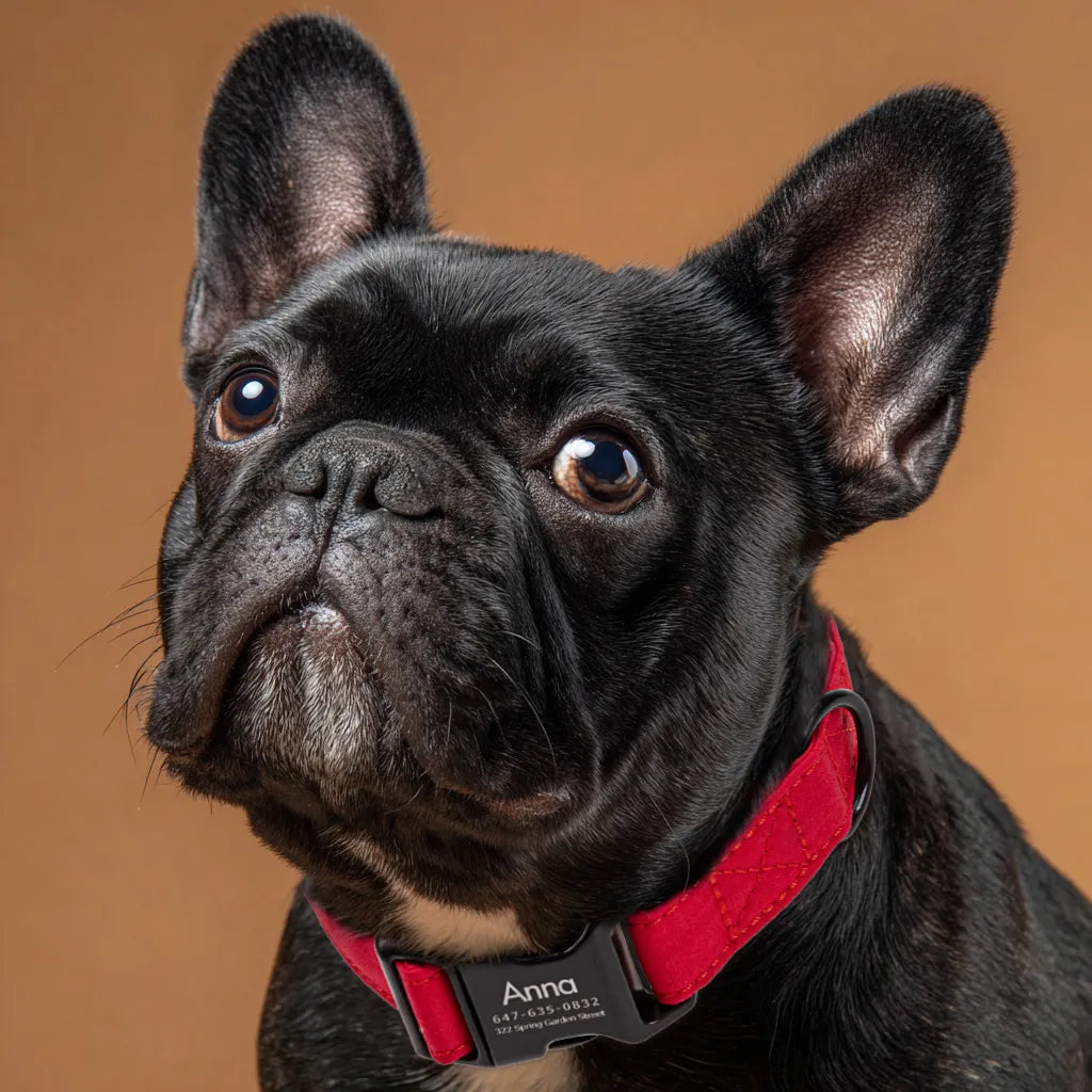 Dog wears 100% Cotton Personalized Dog Collar Engraved Black Poinciana Red 