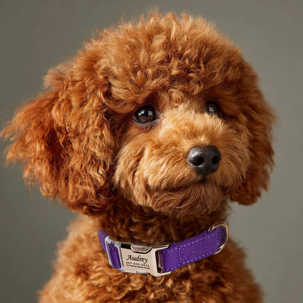 Dog wears 100% Cotton Personalized Dog Collar Engraved Gold Purple Tornado