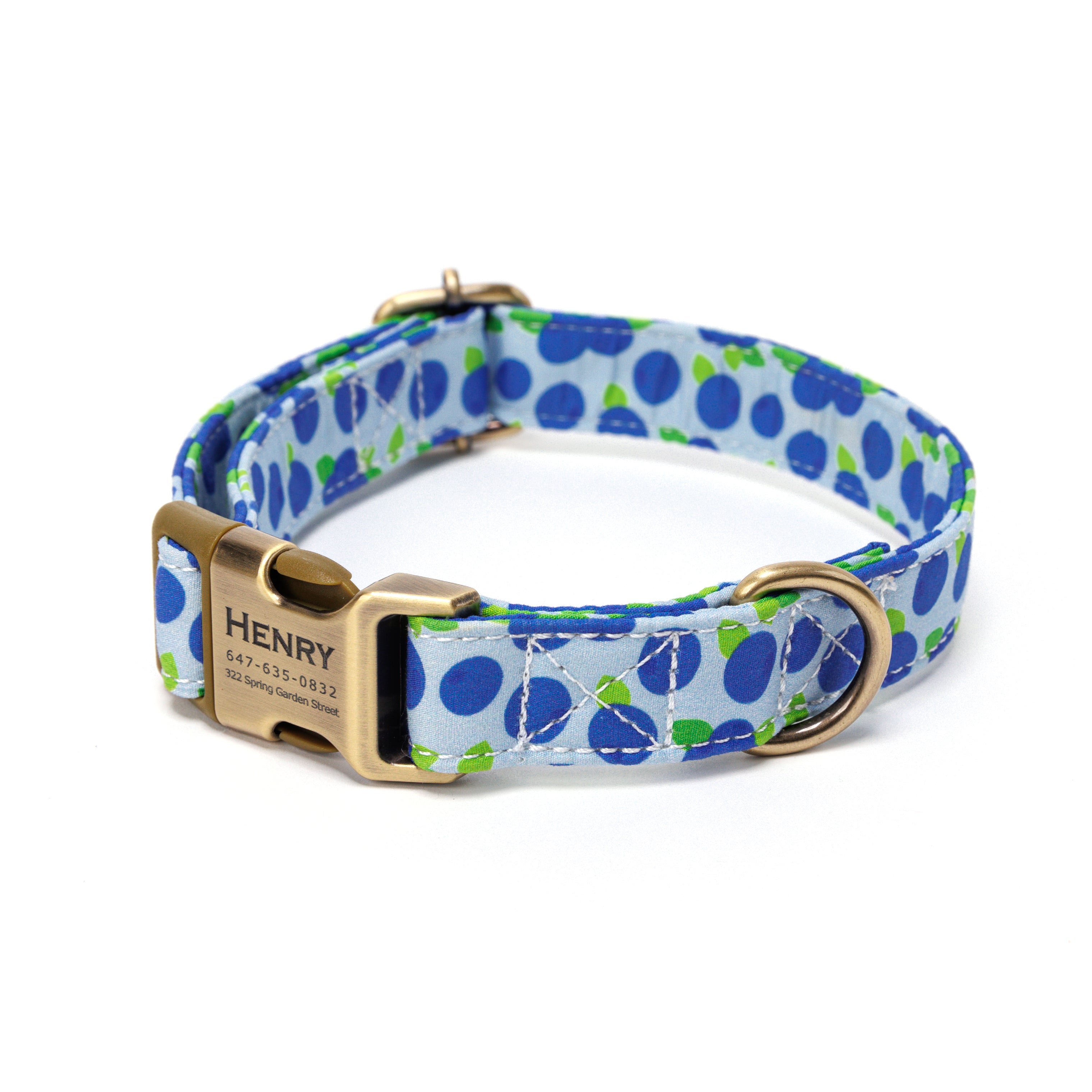 Blue Collars Customisable 100% Cotton Personalized Dog Collar Engraved Brass - Blueberry ...