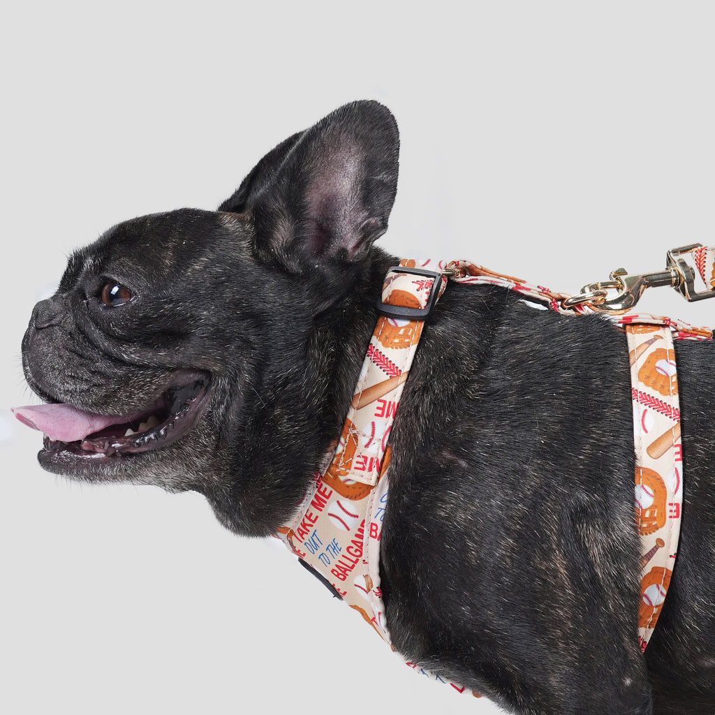 100% Cotton Adjustable No Pull Dog Harness Baseball dog wearing the harness side