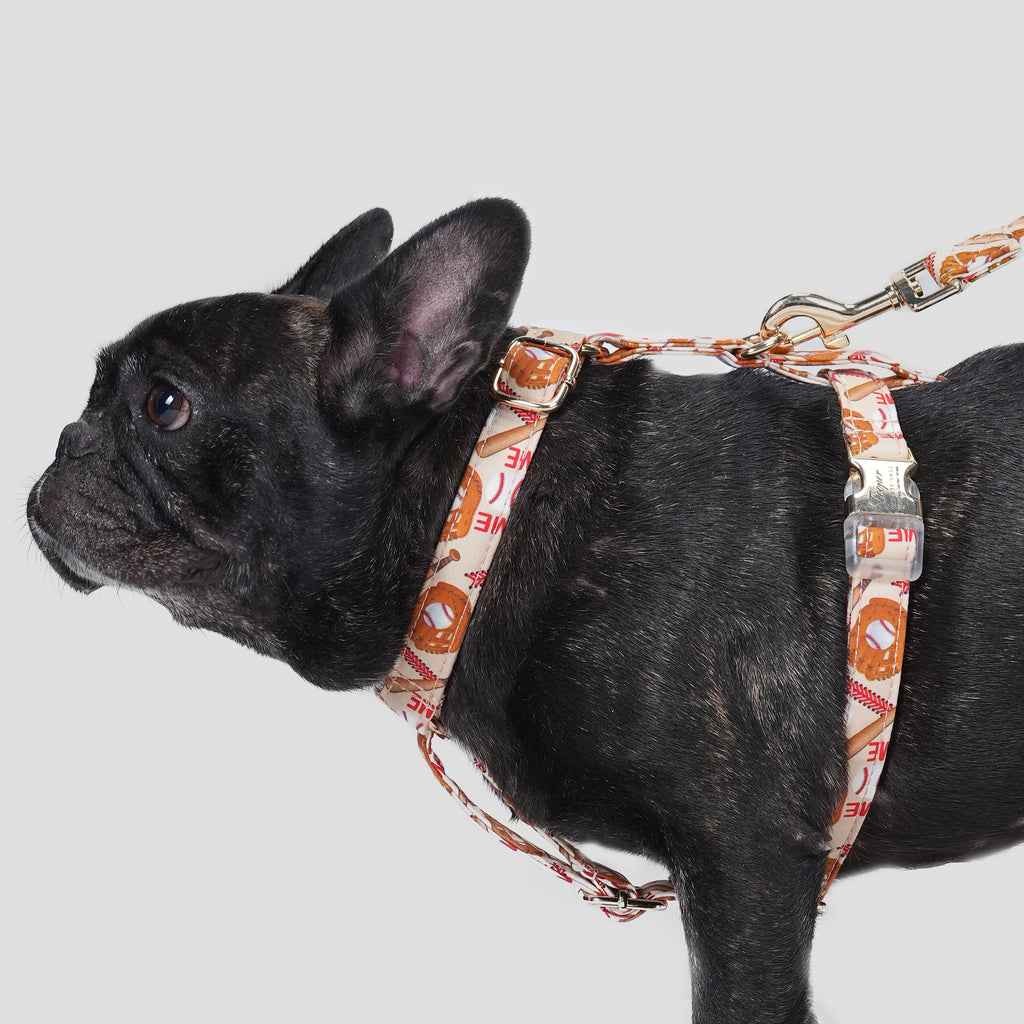 100% Cotton Adjustable No Pull Dog Harness Baseball dog wears the harness side