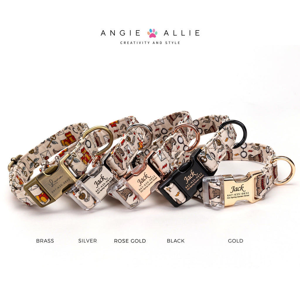 Set of Adjustable Step In Dog Harness with gold, rose gold, silver, and black metal buckles