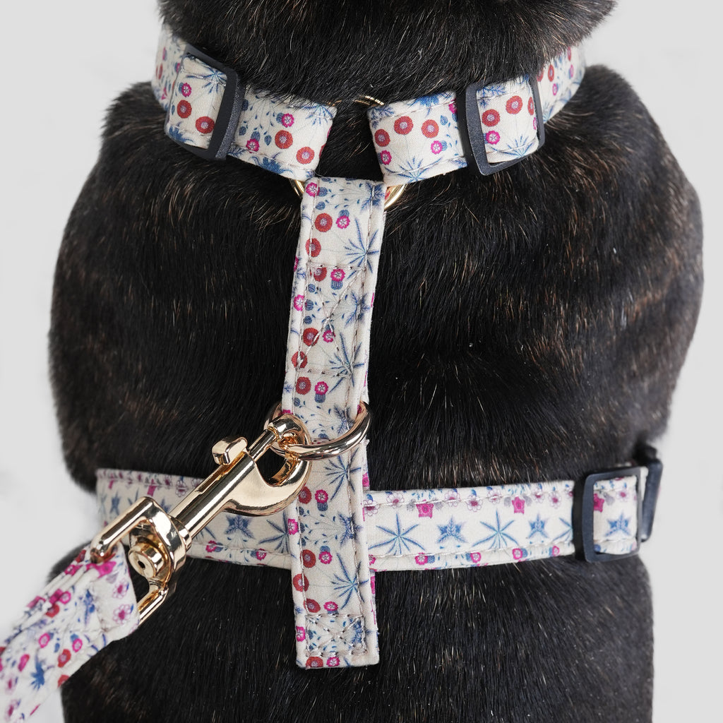 100% Cotton William Morris Dog Harness Daisy dog wears the harness back