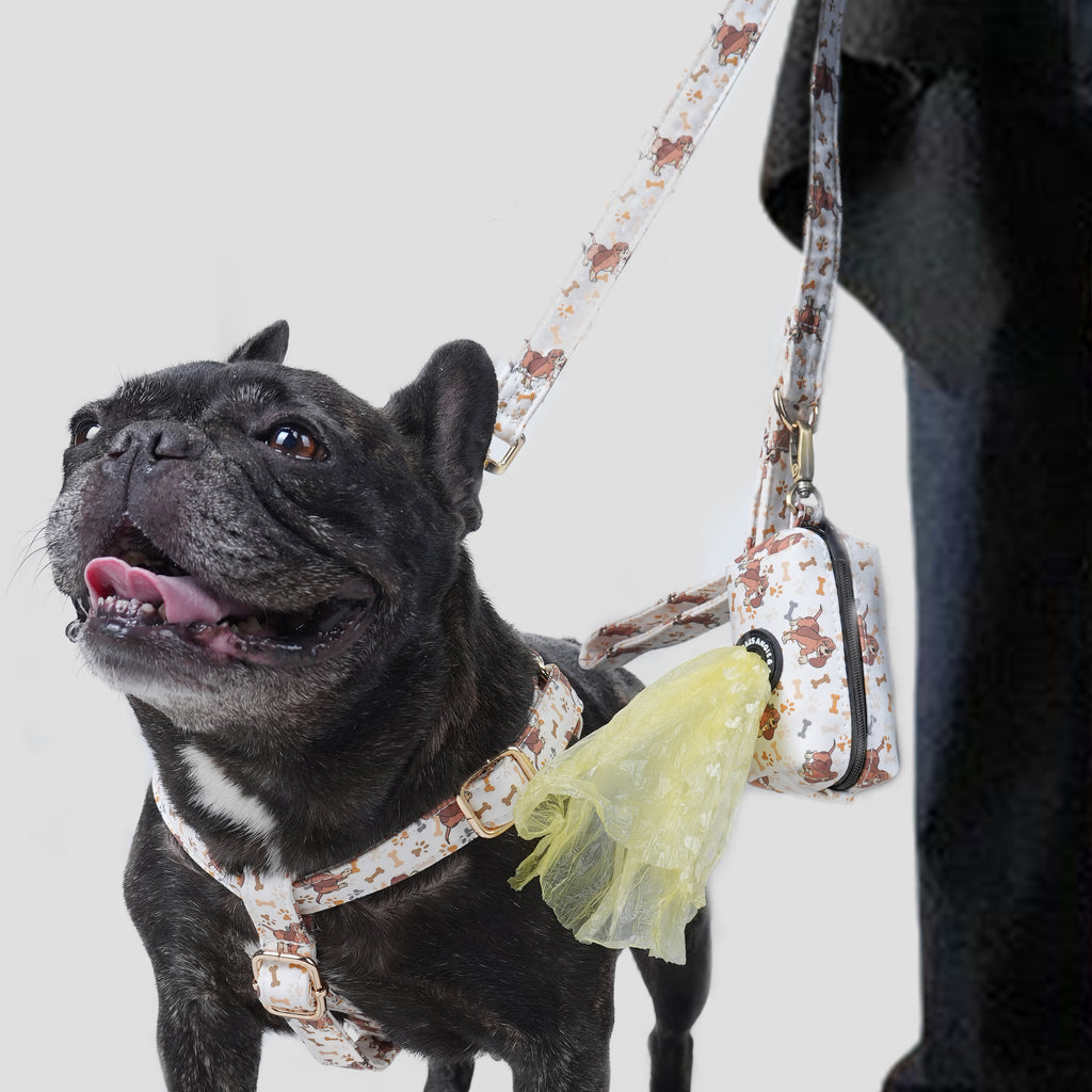 Black dog wearing a Disney Fox and the Hound patterned harness with a person holding a leash and a poop bag on a light gray background