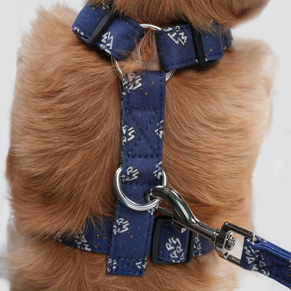 100% Cotton Adjustable No Pull Dog Harness Silver Star Wars dog wears the harness back