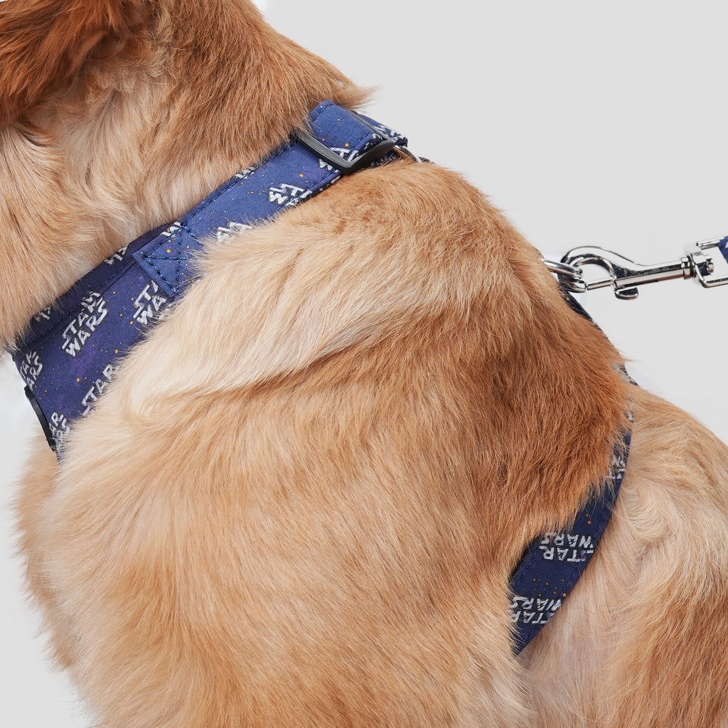 100% Cotton Adjustable No Pull Dog Harness Silver Star Wars dog wears the harness side