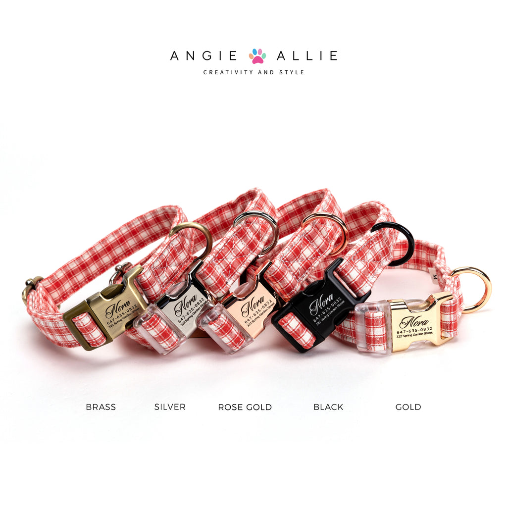 100% Cotton Personalized Dog Collar Black Metal Engraved Black Gingham Orange Set of dog collars with gold, rose gold, silver, and black metal buckles