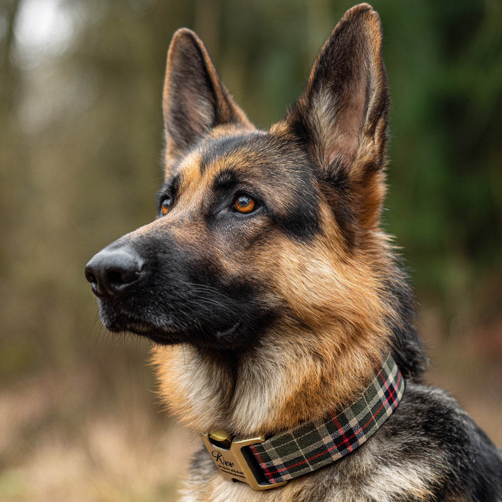 100% Cotton Personalized Dog Collar Black Metal Engraved Black MacPherson Hunting Green dog wears a collar with brass buckle
