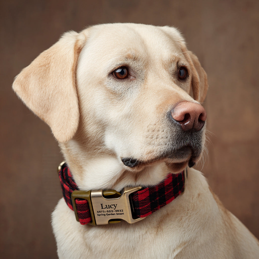 100% Cotton Personalized Dog Collar Black Metal Engraved Black Black Watch Red dog wears a collar with brass buckle