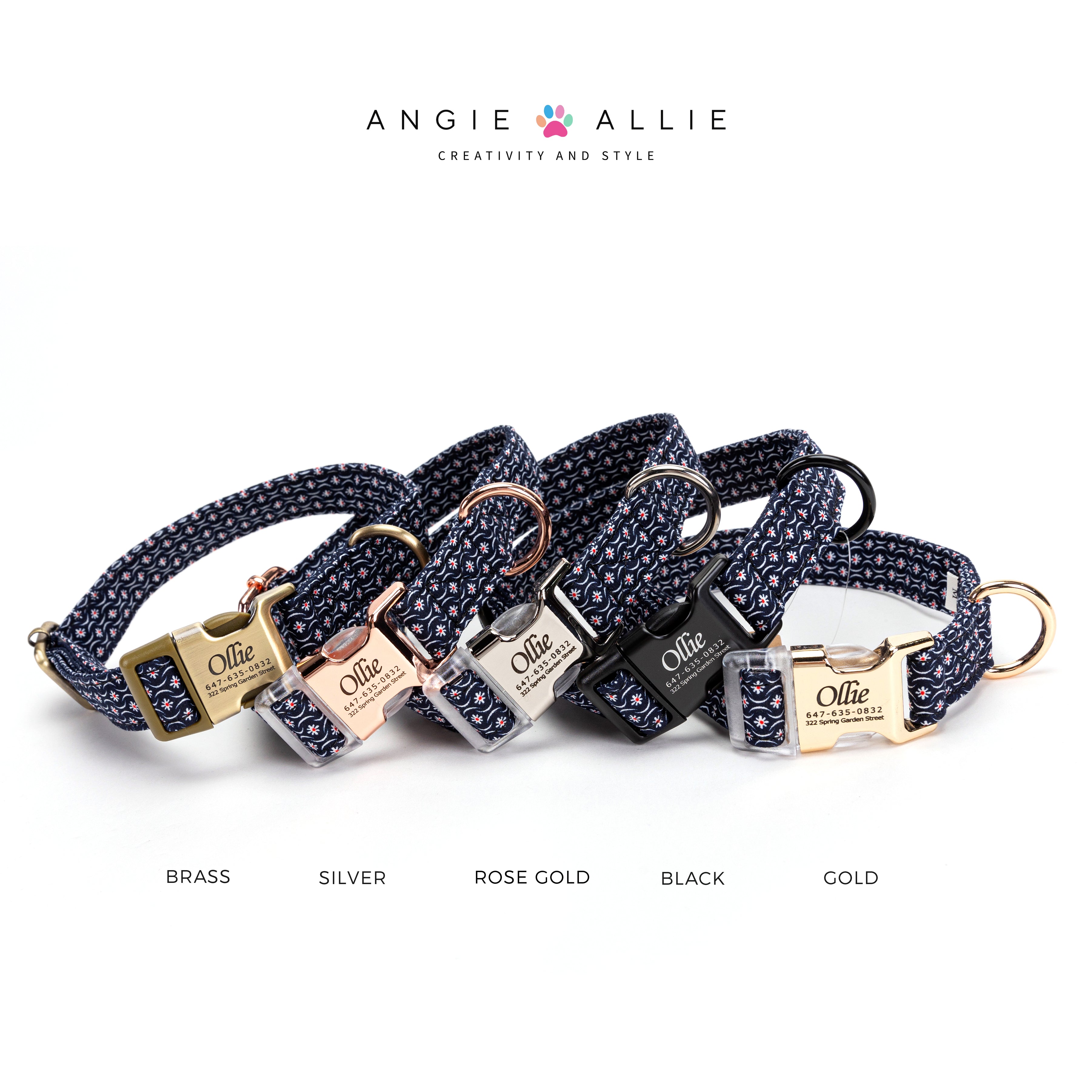 100% Cotton Personalized Dog Collar Rose Gold Metal Engraved Rose