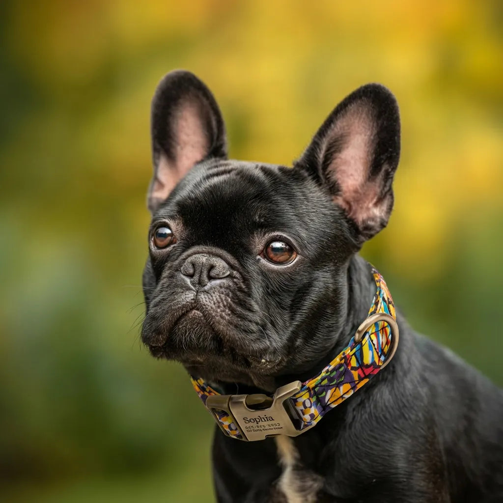 100% Cotton Personalized Dog Collar Rose Gold Metal Engraved Rose Gold Countryside Life dog wears the collar with brass metal buckle