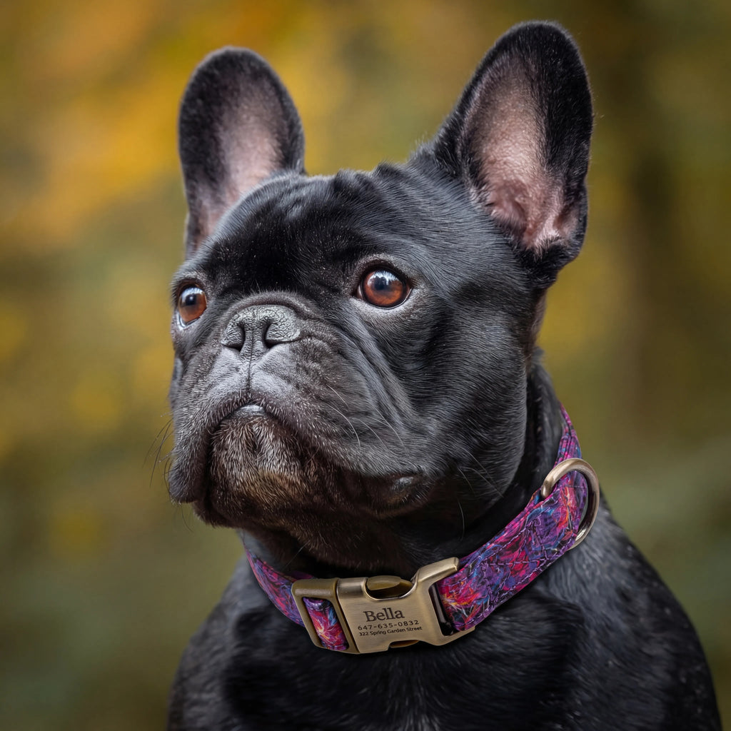 100% Cotton Personalized Dog Collar Black Metal Engraved Black Nebula dog wears a collar with brass metal buckle