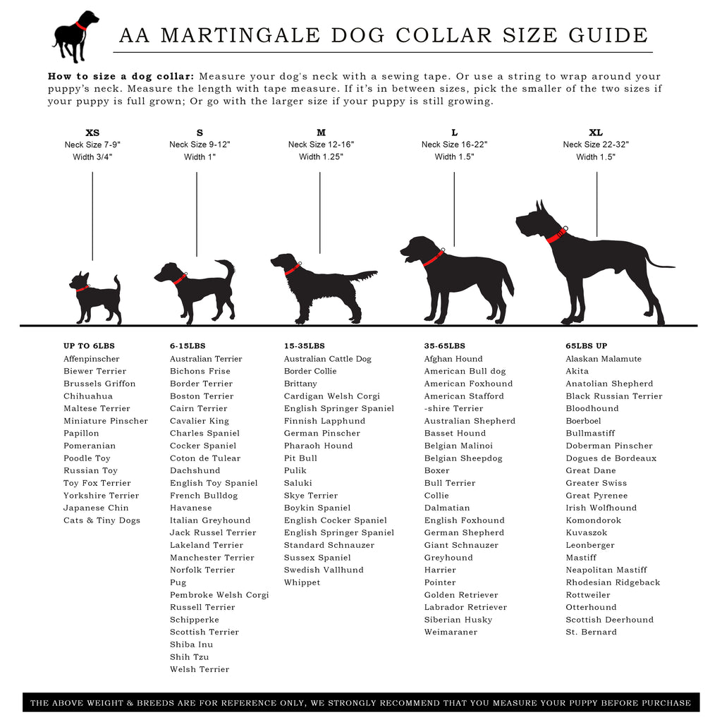 Dog collar size chart by Angie Allie with dog breeds listed