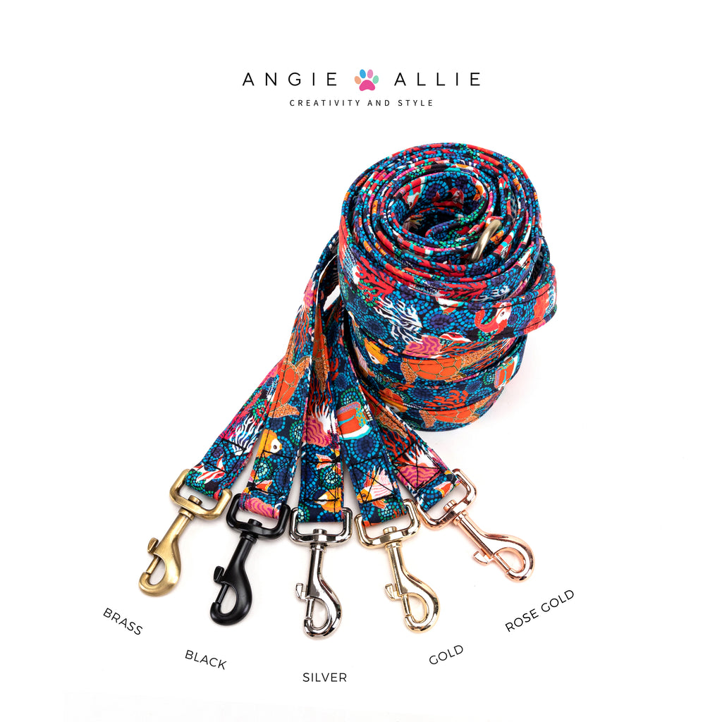 100% Cotton Adjustable Dog Leash Seaworld with brass, black, silver, gold, rose gold hardware on a white background, featuring the Angie Allie brand