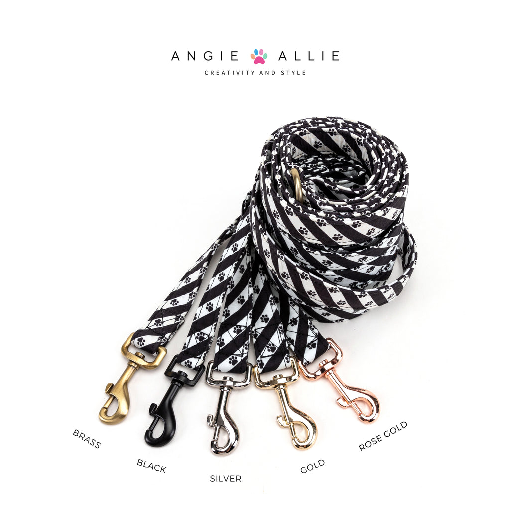 100% Cotton Adjustable Dog Leash Puppy Paws with brass, black, silver, gold, rose gold hardware on a white background, featuring the Angie Allie brand