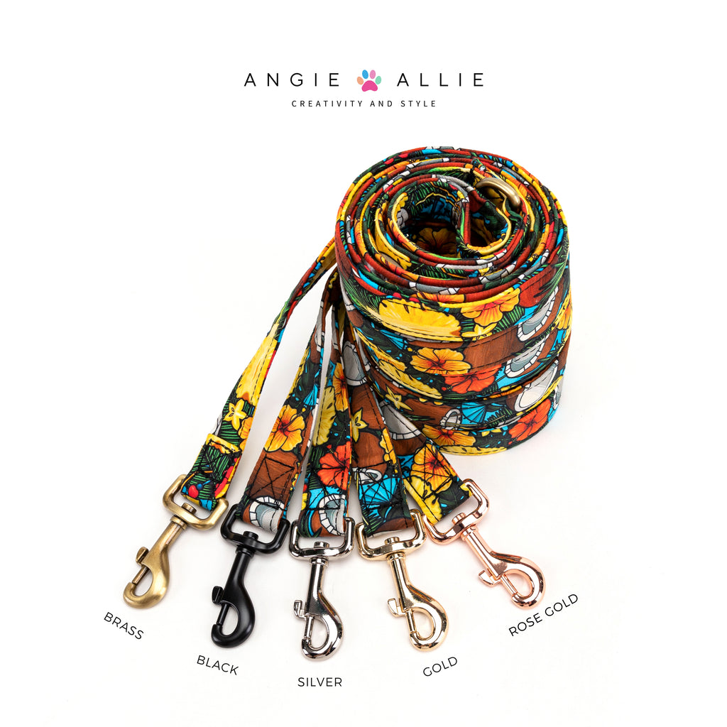 100% Cotton Adjustable Dog Leash Coconuts with brass, black, silver, gold, rose gold hardware on a white background, featuring the Angie Allie brand