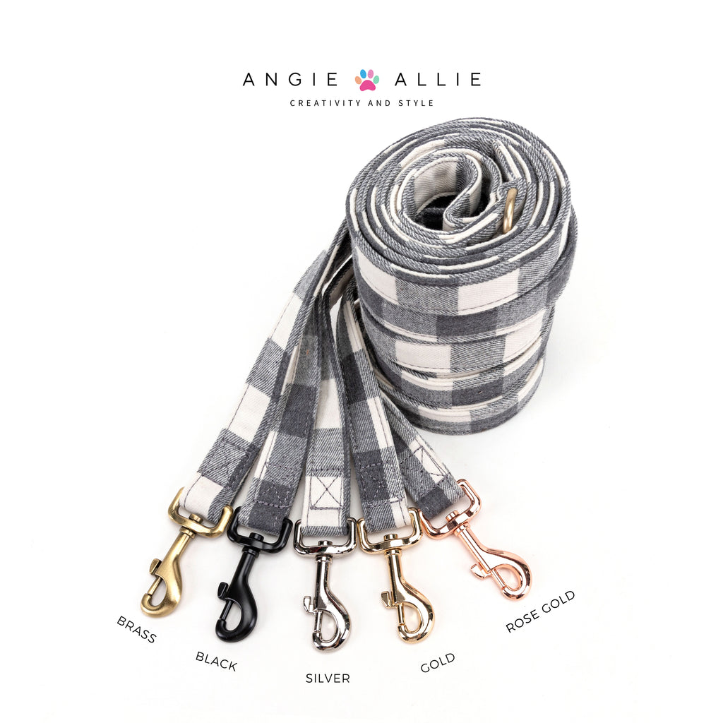 100% Cotton Adjustable Dog Leash Plaid Grey with brass, black, silver, gold, rose gold hardware on a white background, featuring the Angie Allie brand