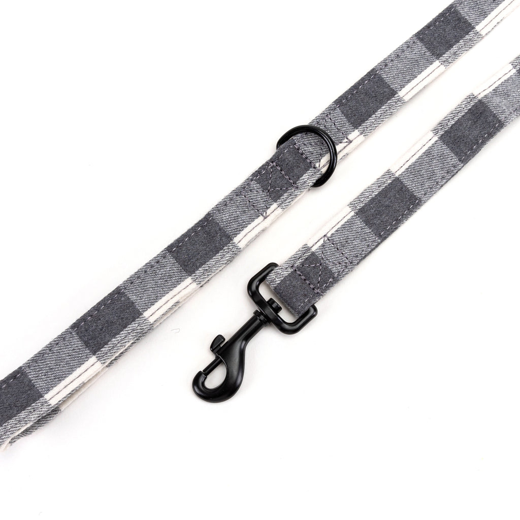 100% Cotton Adjustable Dog Leash Black Plaid Grey hardware