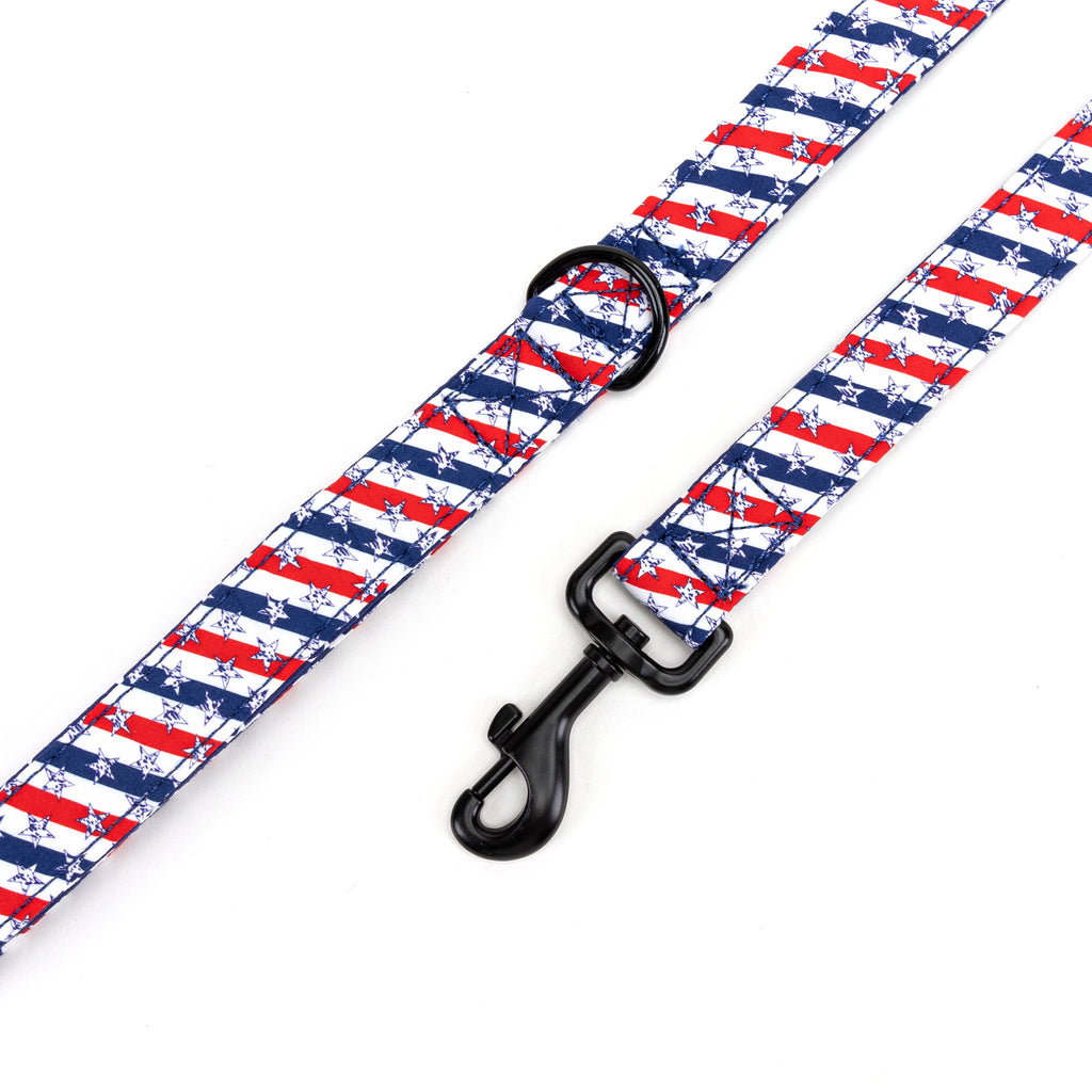 100% Cotton Adjustable Dog Leash Black Stars and Stripes hardware