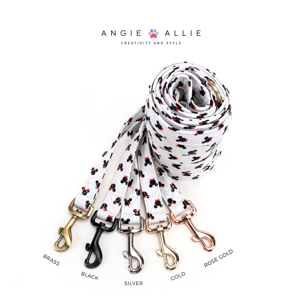 100% Cotton Adjustable Dog Leash Minnie with brass, black, silver, gold, rose gold hardware on a white background, featuring the Angie Allie brand