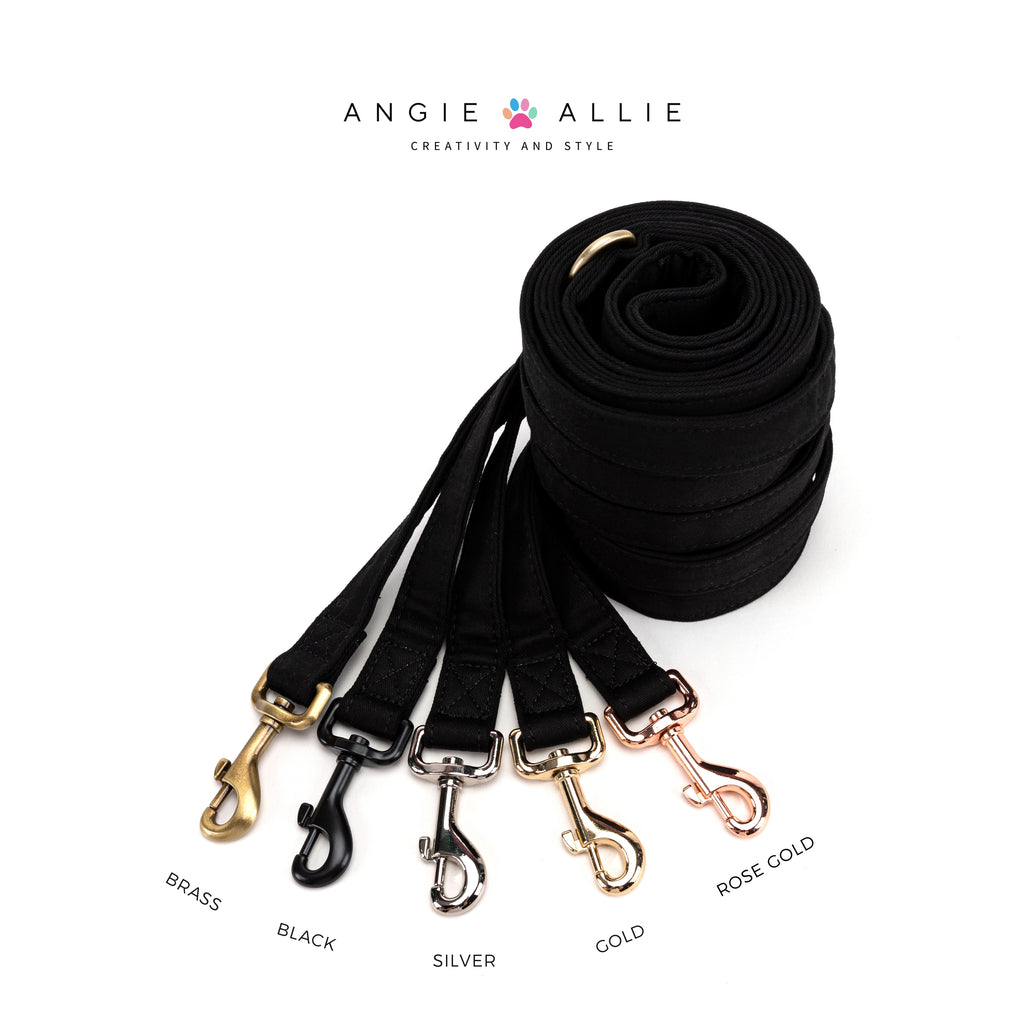 100% Cotton Adjustable Dog Leash Black with brass, black, silver, gold, rose gold hardware on a white background, featuring the Angie Allie brand