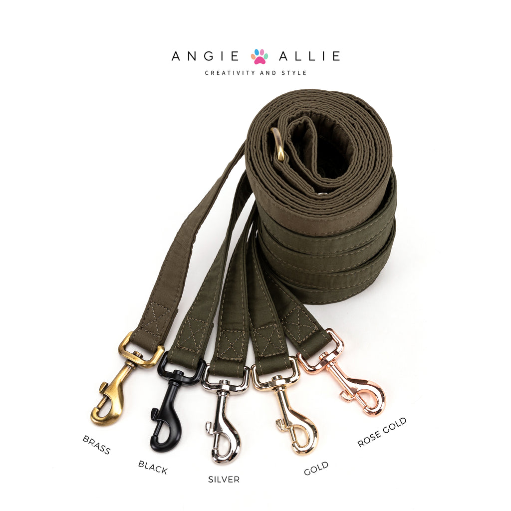 100% Cotton Adjustable Dog Leash Military Green with brass, black, silver, gold, rose gold hardware on a white background, featuring the Angie Allie brand