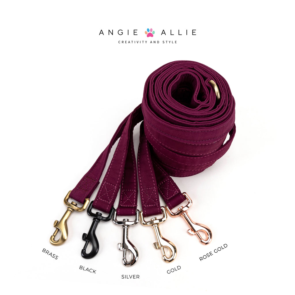 100% Cotton Adjustable Dog Leash Black Wine with brass, black, silver, gold, rose gold hardware on a white background, featuring the Angie Allie brand