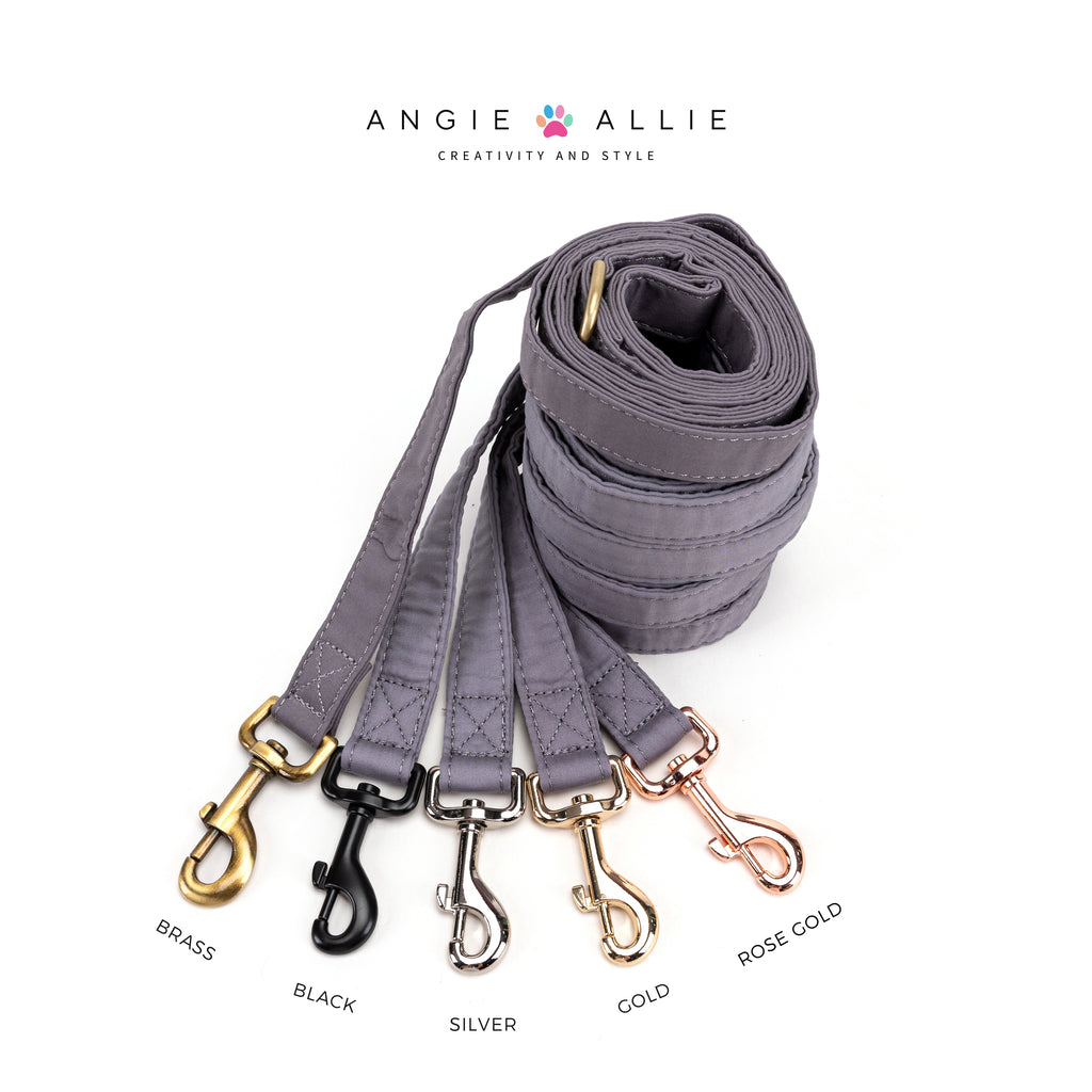 100% Cotton Adjustable Dog Leash Light Grey with brass, black, silver, gold, rose gold hardware on a white background, featuring the Angie Allie brand