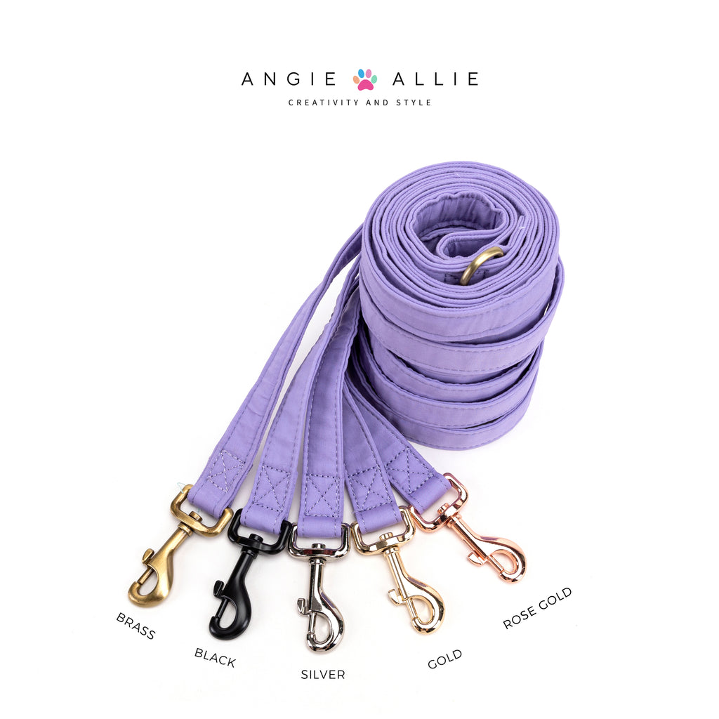 100% Cotton Adjustable Dog Leash Lavender with brass, black, silver, gold, rose gold hardware on a white background, featuring the Angie Allie brand