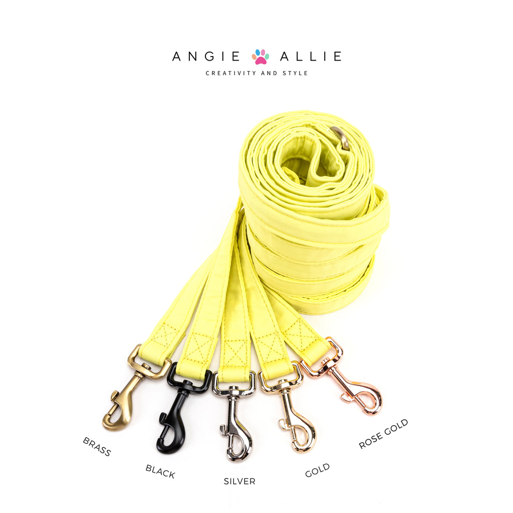 100% Cotton Adjustable Dog Leash Black Lemon with brass, black, silver, gold, rose gold hardware on a white background, featuring the Angie Allie brand