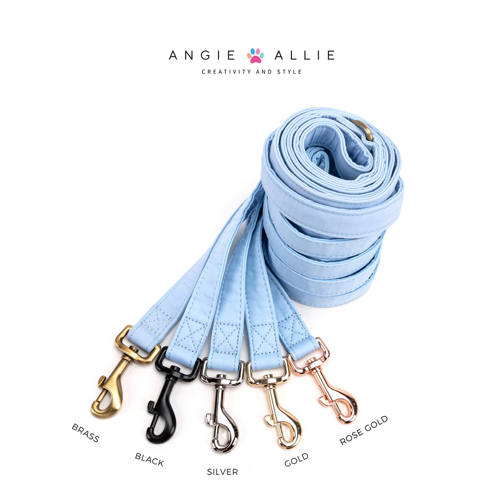 100% Cotton Adjustable Dog Leash Blue with brass, black, silver, gold, rose gold hardware on a white background, featuring the Angie Allie brand