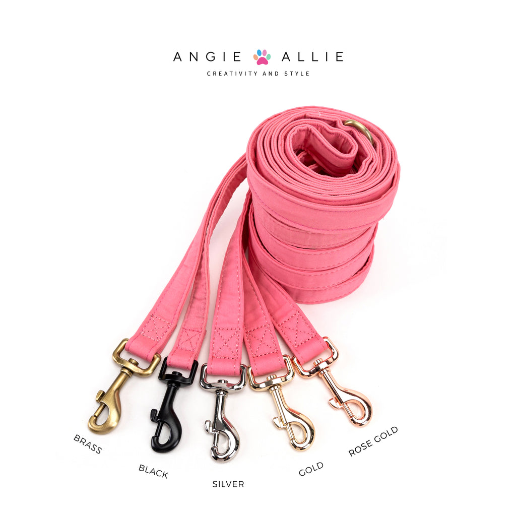 100% Cotton Adjustable Dog Leash Coral with brass, black, silver, gold, rose gold hardware on a white background, featuring the Angie Allie brand