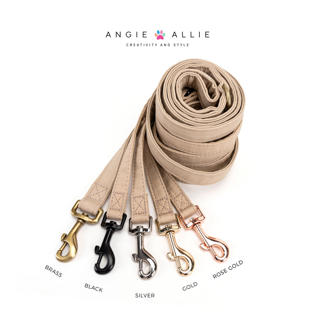 100% Cotton Adjustable Dog Leash Beige with brass, black, silver, gold, rose gold hardware on a white background, featuring the Angie Allie brand