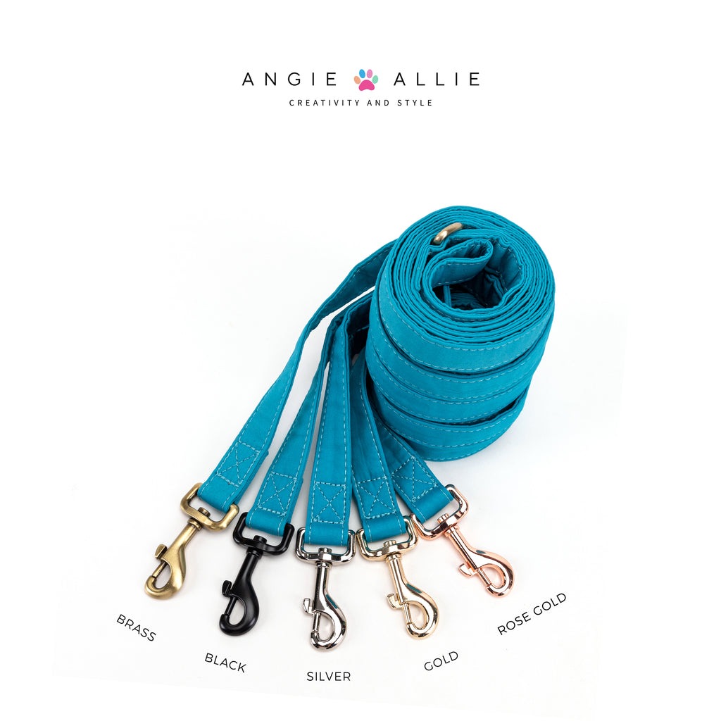 100% Cotton Adjustable Dog Leash Peacock Blue with brass, black, silver, gold, rose gold hardware on a white background, featuring the Angie Allie brand