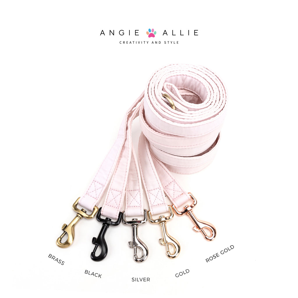 100% Cotton Adjustable Dog Leash Pink with brass, black, silver, gold, rose gold hardware on a white background, featuring the Angie Allie brand