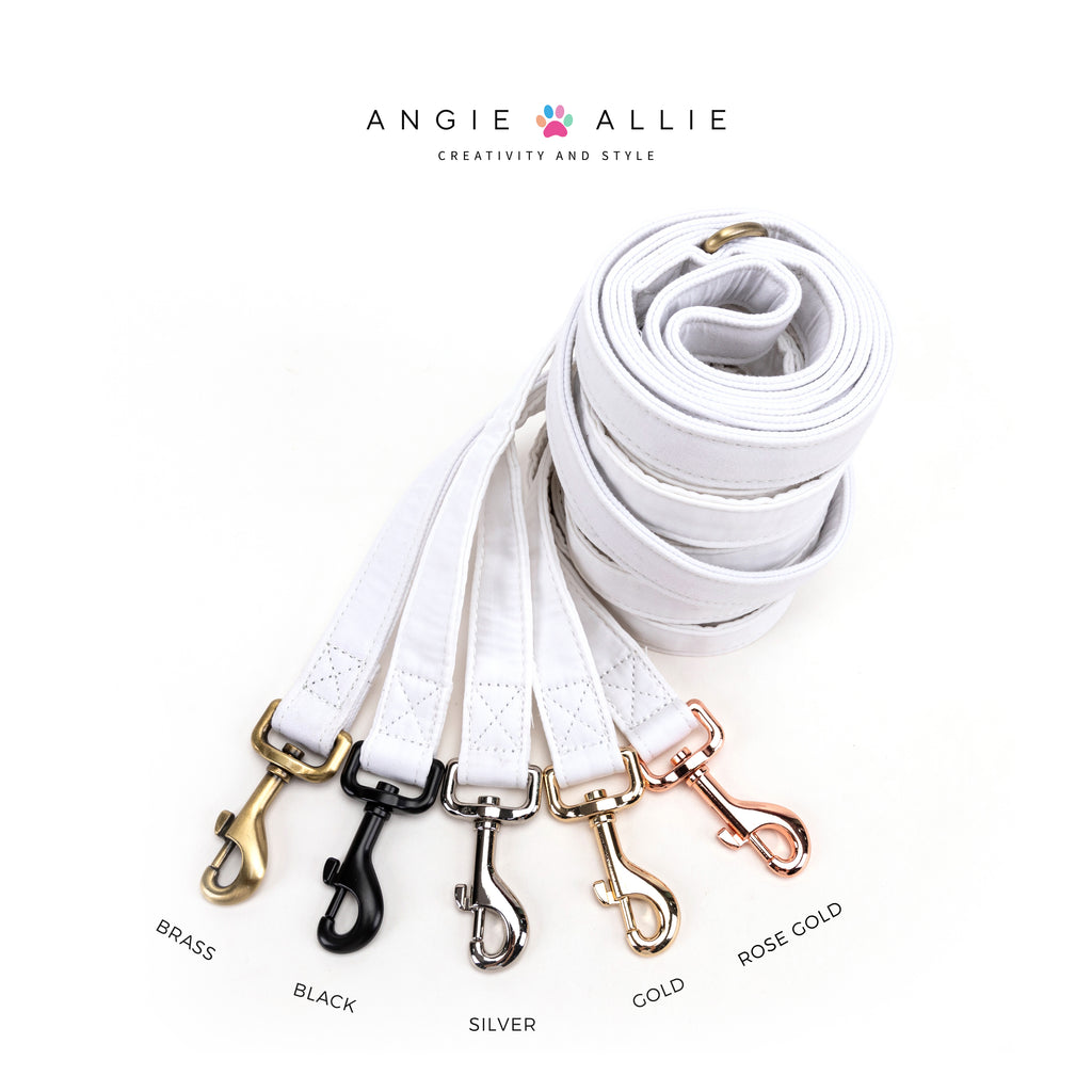 100% Cotton Adjustable Dog Leash White with brass, black, silver, gold, rose gold hardware on a white background, featuring the Angie Allie brand