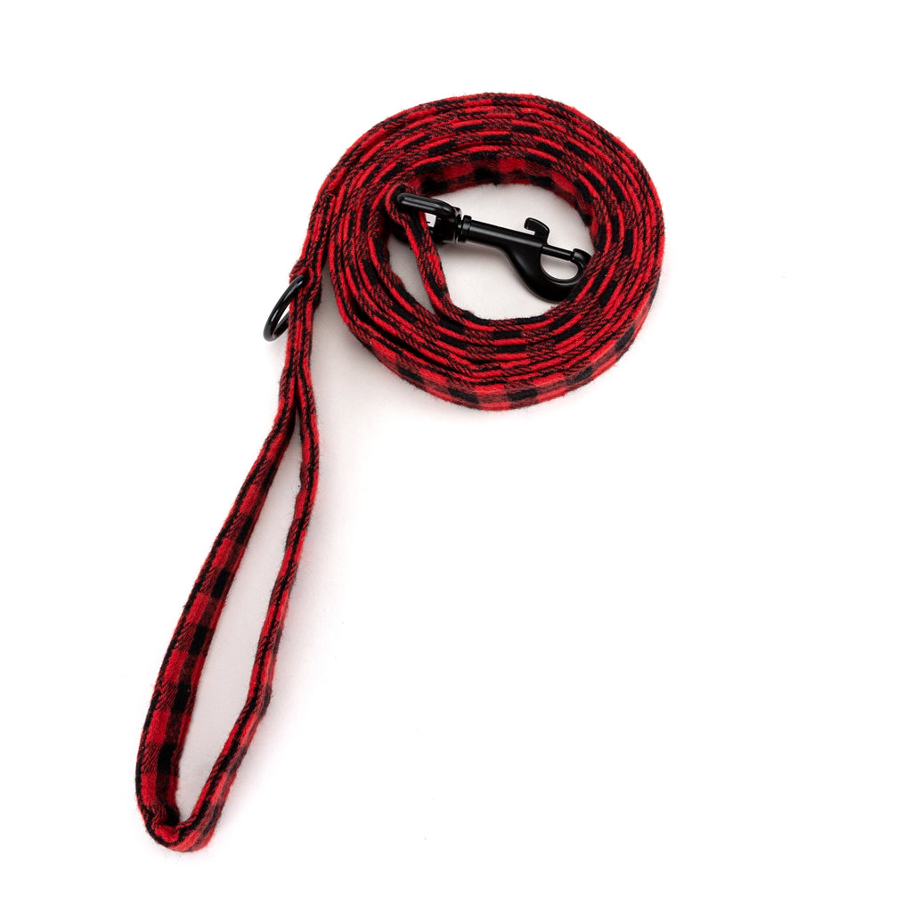 100% Cotton Adjustable Dog Leash Buffalo Plaid Red rolled