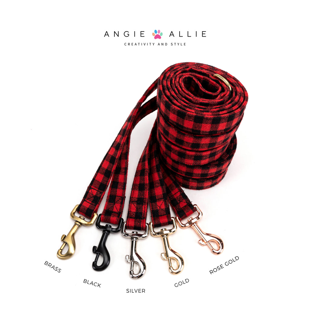 100% Cotton Adjustable Dog Leash Buffalo Plaid Red with brass, black, silver, gold, rose gold hardware on a white background, featuring the Angie Allie brand