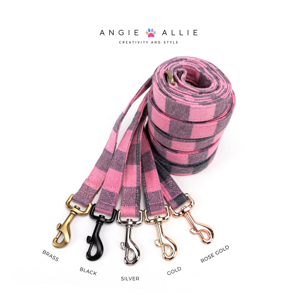 100% Cotton Adjustable Dog Leash Plaid Pink with brass, black, silver, gold, rose gold hardware on a white background, featuring the Angie Allie brand