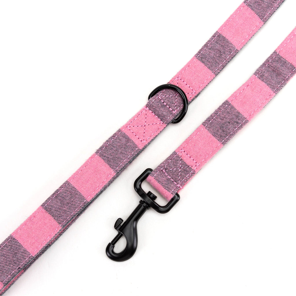 100% Cotton Adjustable Dog Leash Plaid Pink hardware