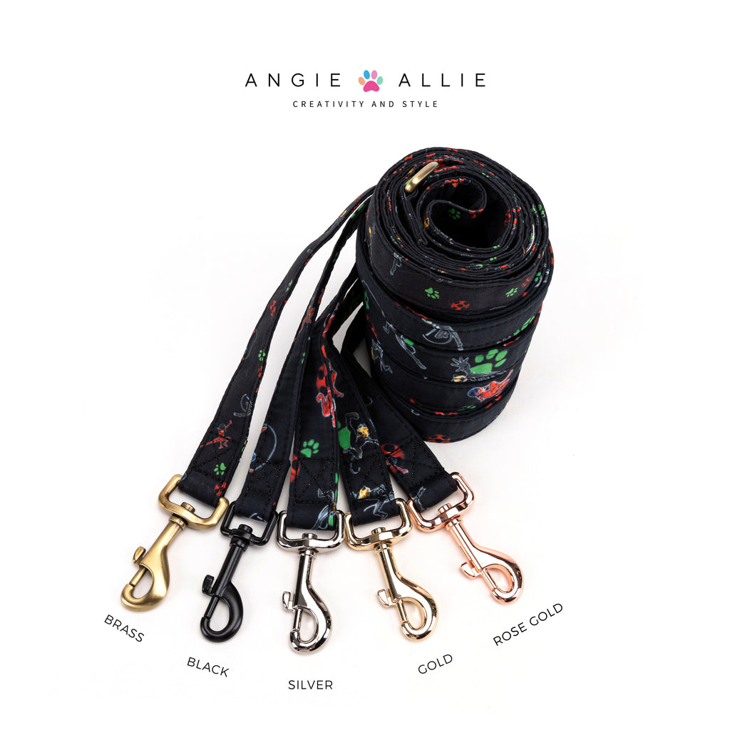 100% Cotton Adjustable Dog Leash Black Miraculous Ladybug and Cat Noir with brass, black, silver, gold, rose gold hardware on a white background, featuring the Angie Allie brand