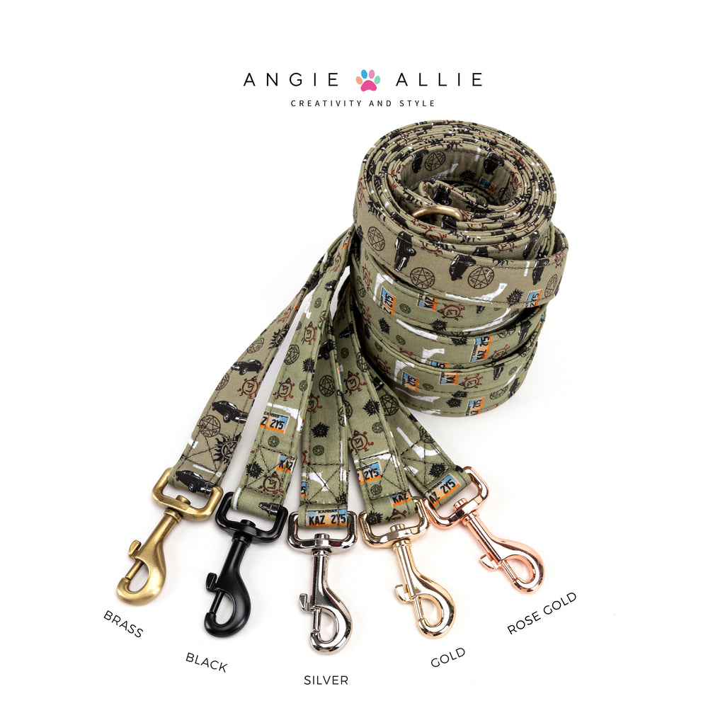 100% Cotton Adjustable Dog Leash Black Supernatural with brass, black, silver, gold, rose gold hardware on a white background, featuring the Angie Allie brand