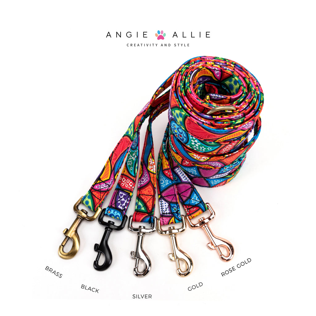 100% Cotton Adjustable Dog Leash Black Dream Fantasy with brass, black, silver, gold, rose gold hardware on a white background, featuring the Angie Allie brand