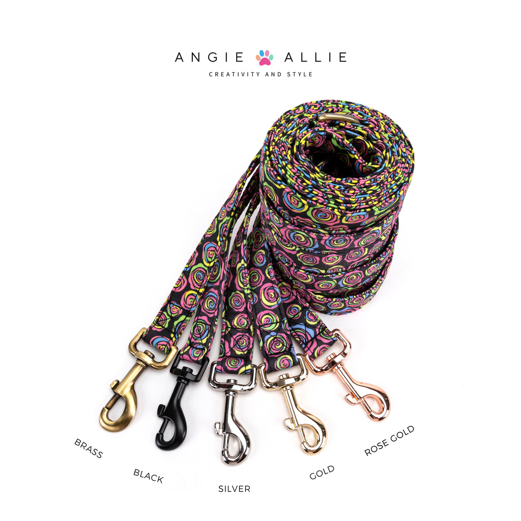 100% Cotton Adjustable Dog Leash Roses with brass, black, silver, gold, rose gold hardware on a white background, featuring the Angie Allie brand