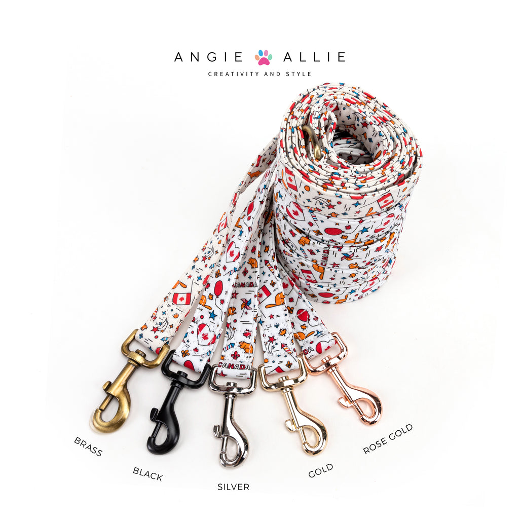 100% Cotton Adjustable Dog Leash Black Love Canada with brass, black, silver, gold, rose gold hardware on a white background, featuring the Angie Allie brand